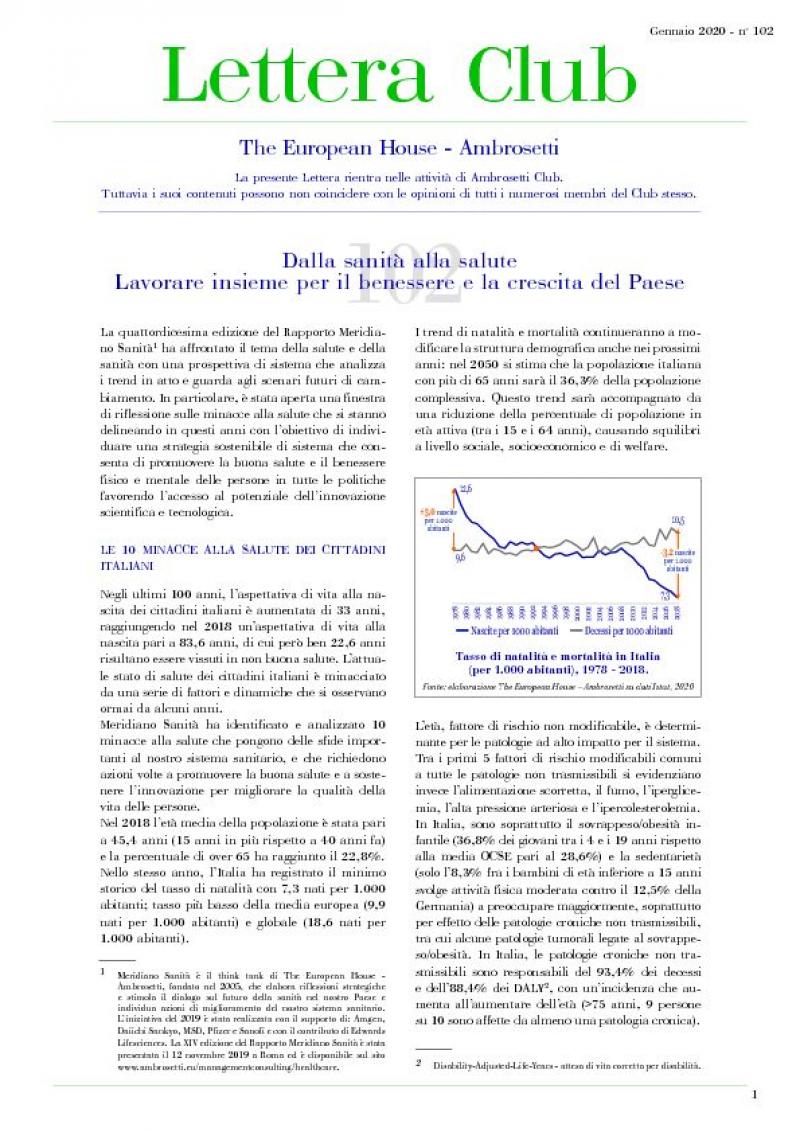 Lettera Club n. 102 - From healthcare to health: Working together for Italy's wellbeing and growth