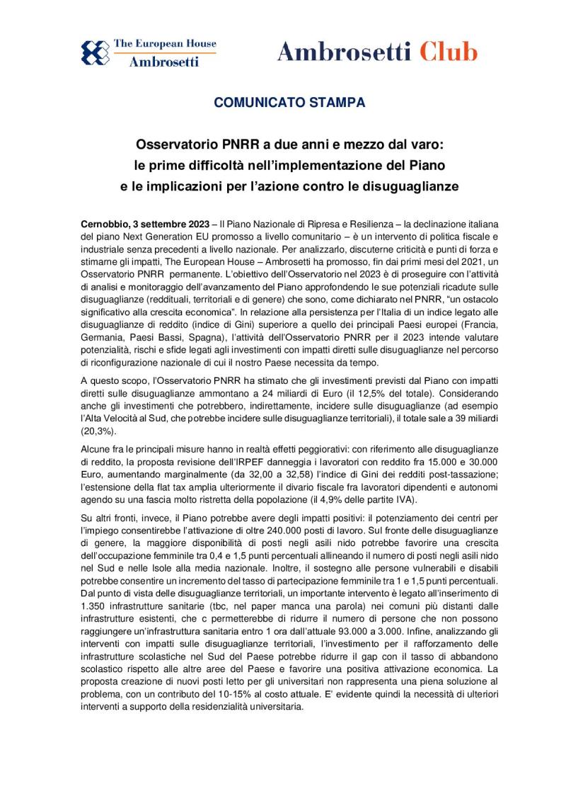 Comunicato stampa - Osservatorio PNRR a due anni e mezzo dal varo: le prime difficoltà nell'implementazione del Piano e le implicazioni