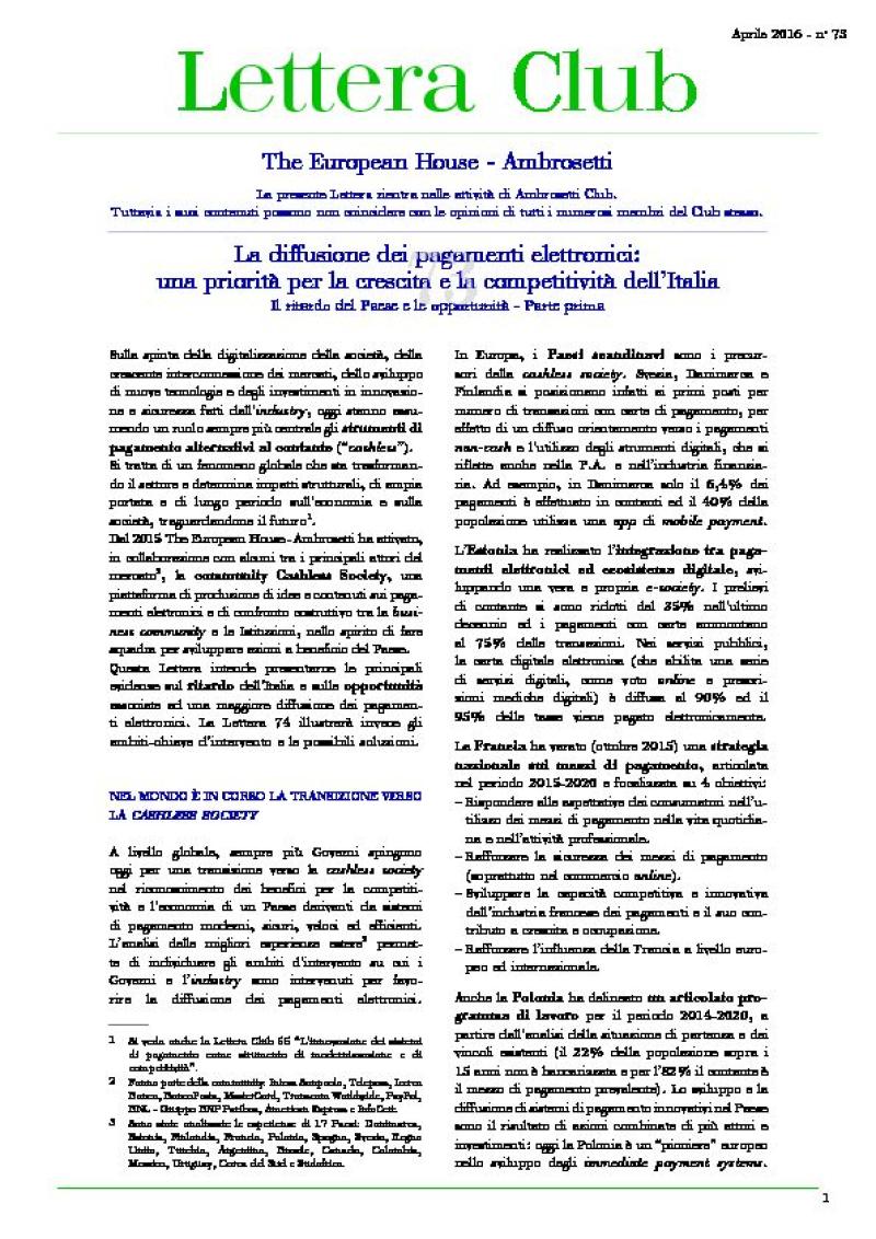 Lettera Club n. 73 - La diffusione dei pagamenti elettronici: una priorità per la crescita e la competitività dell’Italia