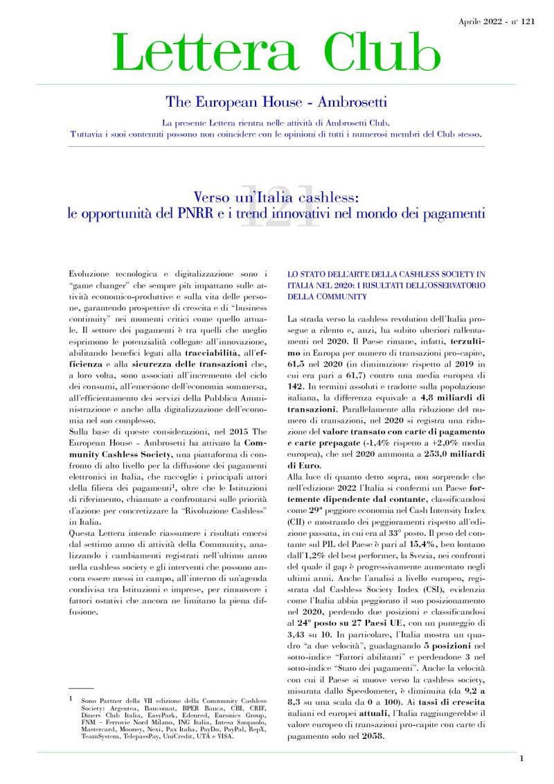 Lettera Club n. 121 - Verso un’Italia cashless: le opportunità del PNRR e i trend innovativi nel mondo dei pagamenti