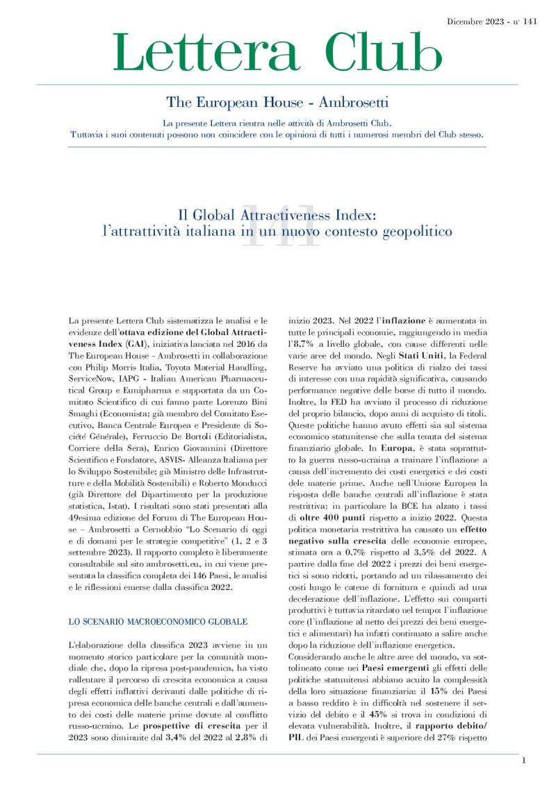 Lettera Club n. 141 - Il Global Attractiveness Index: l’attrattività italiana in un nuovo contesto geopolitico