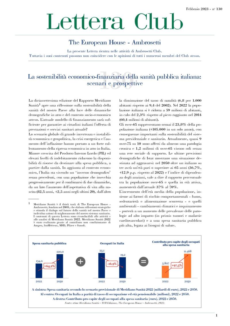 Lettera Club n. 130 - La sostenibilità economico-finanziaria della sanità pubblica italiana: scenari e prospettive