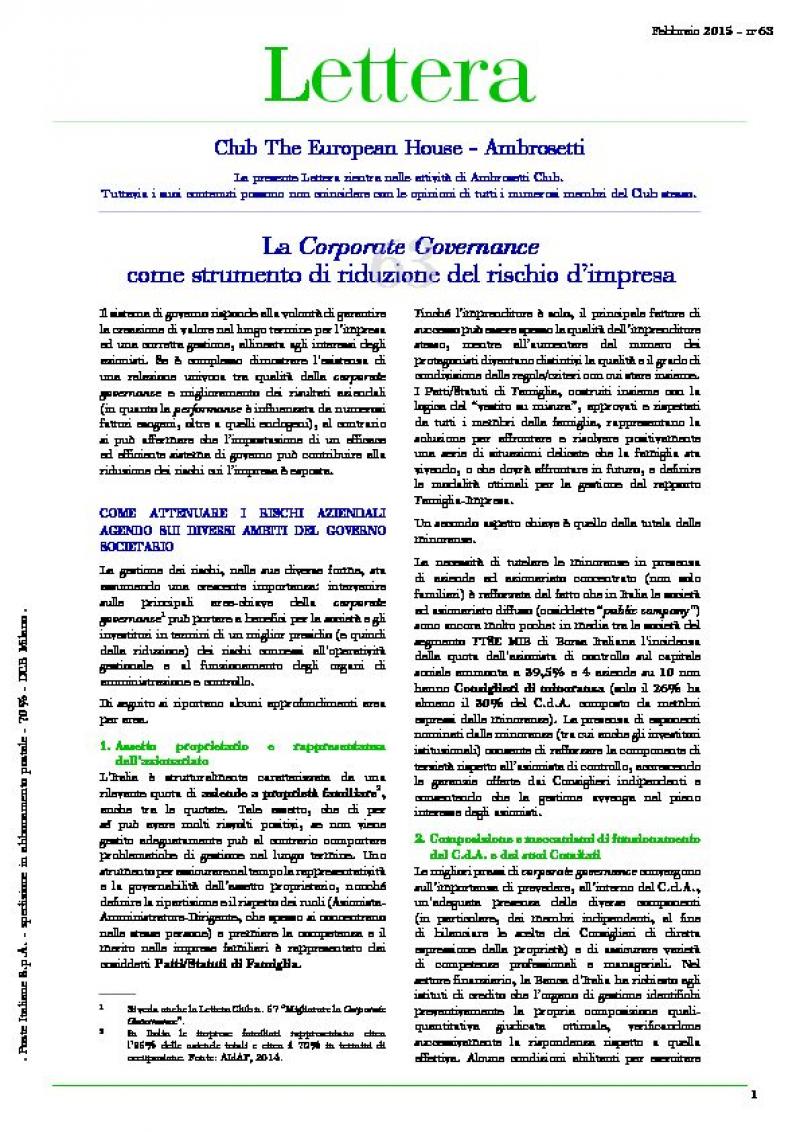 Lettera Club n. 63 - La Corporate Governance come strumento di riduzione del rischio d’impresa