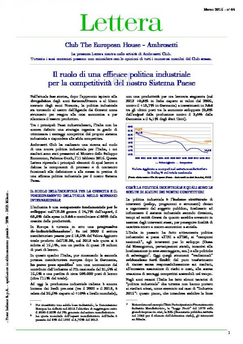 Lettera Club n. 64 - The role of a successful industrial policy for fostering the competitiveness of Italy's economic system