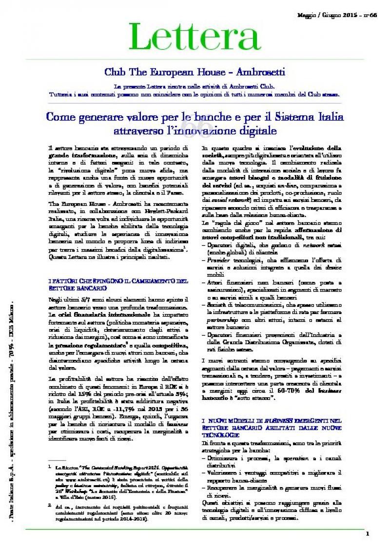 Lettera Club n. 66 - Come generare valore per le banche e per il Sistema Italia attraverso l’innovazione digitale