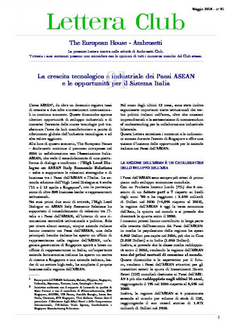 Lettera Club n. 91 - La crescita tecnologica e industriale dei Paesi ASEAN e le opportunità per il Sistema Italia