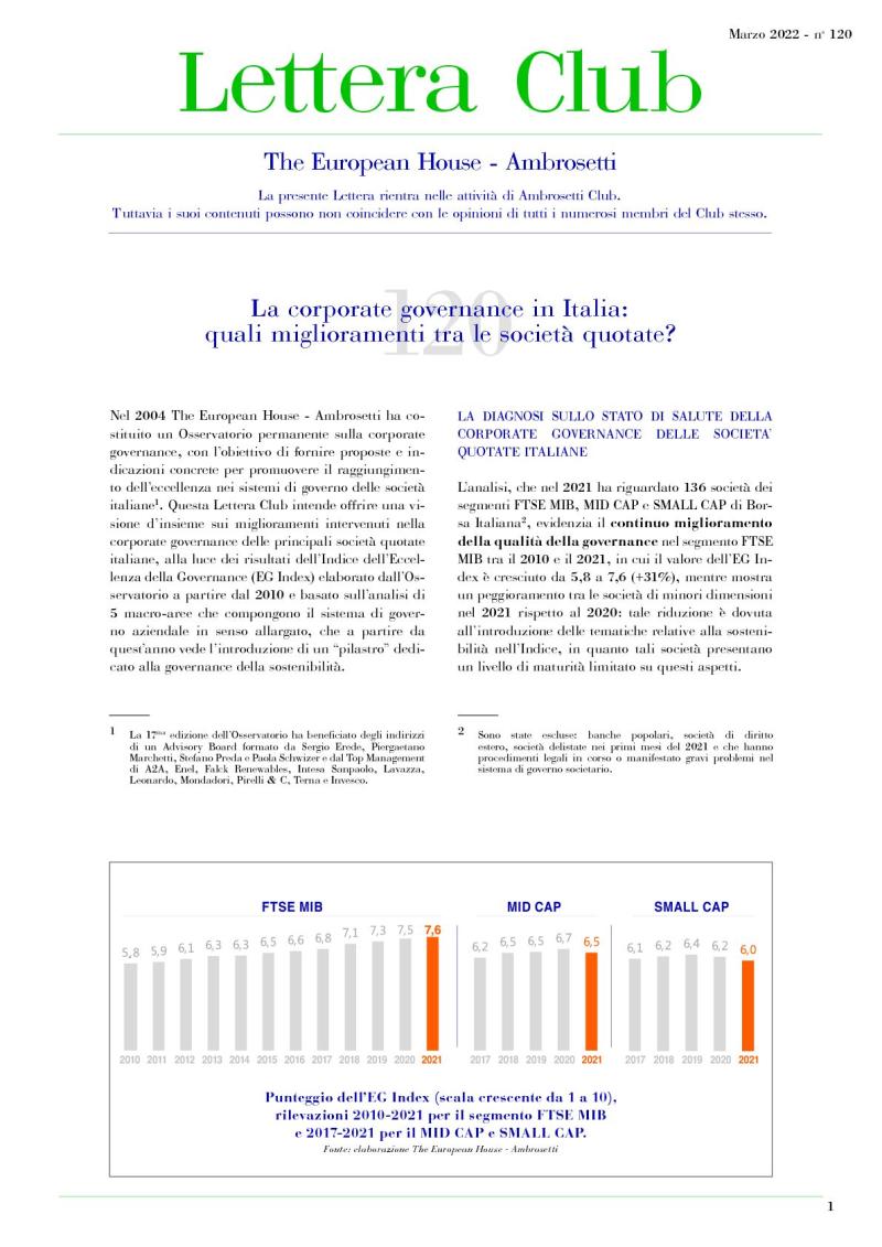 Lettera Club n. 120 - La corporate governance in Italia: quali miglioramenti tra le società quotate?