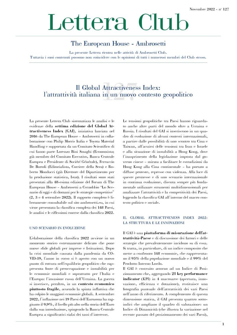Lettera Club n. 127 - Il Global Attractiveness Index: l’attrattività italiana in un nuovo contesto geopolitico
