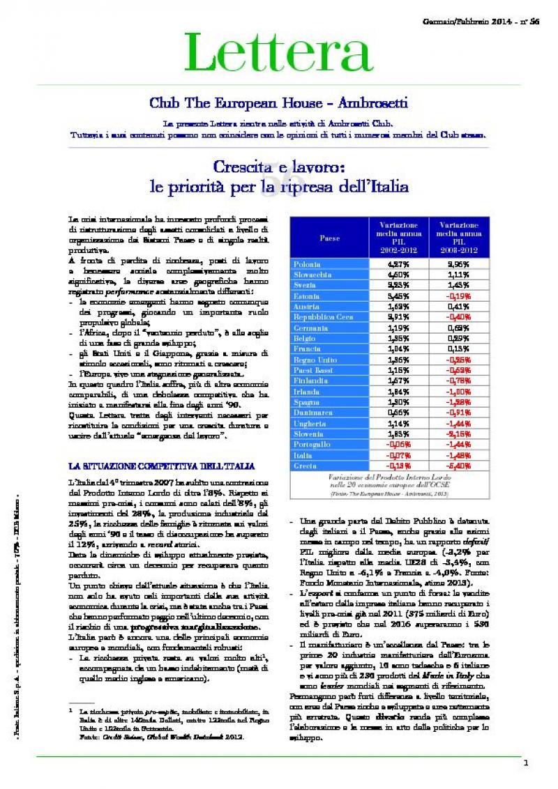 Lettera Club n. 56 - Growth and employment: the priorities for an italian recovery