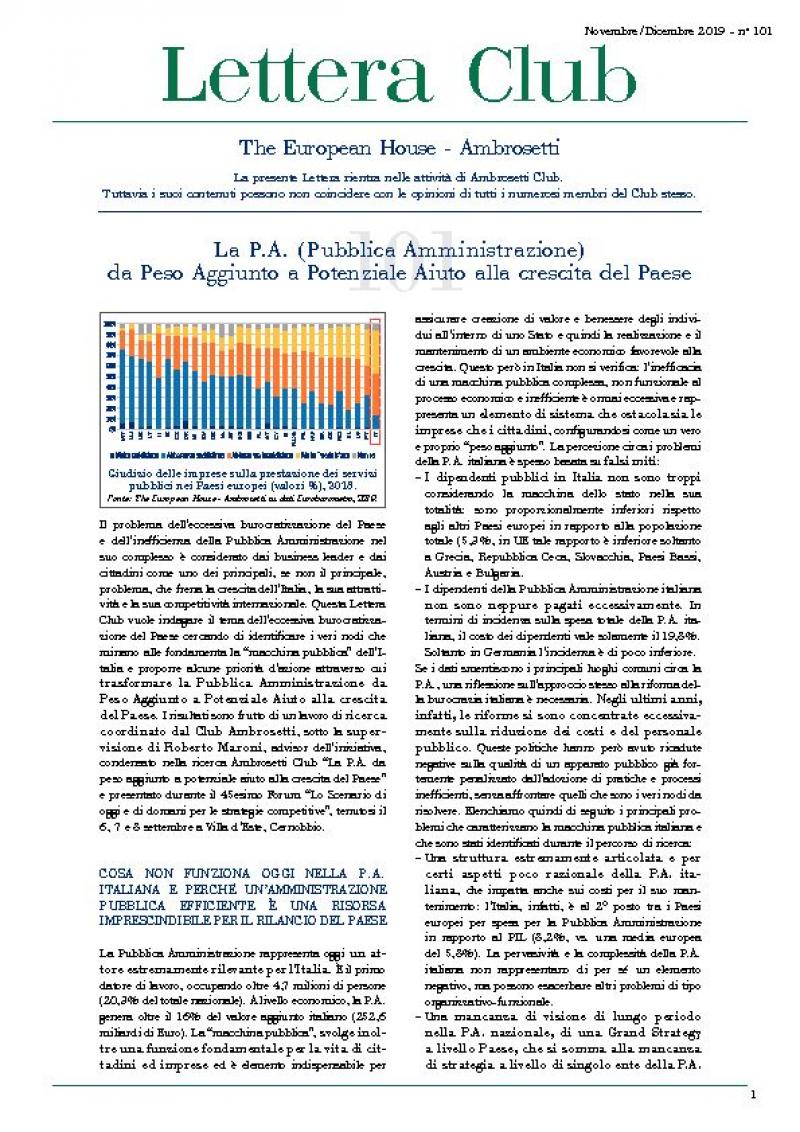 Lettera Club n. 101 - Public Administration in Italy: from burden to potential aid for country's growth