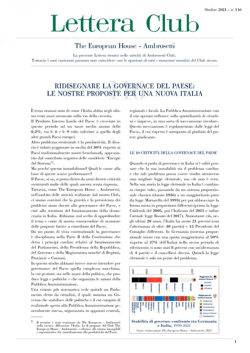 Lettera Club n. 116 - Ridisegnare la governace del Paese: le nostre proposte per una nuova Italia