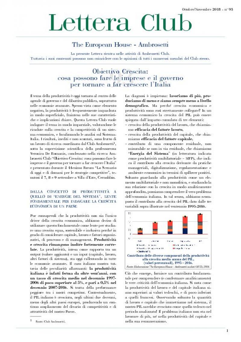Lettera Club n. 93 - Objective: growth. What businesses and the government can do to make Italy grow again