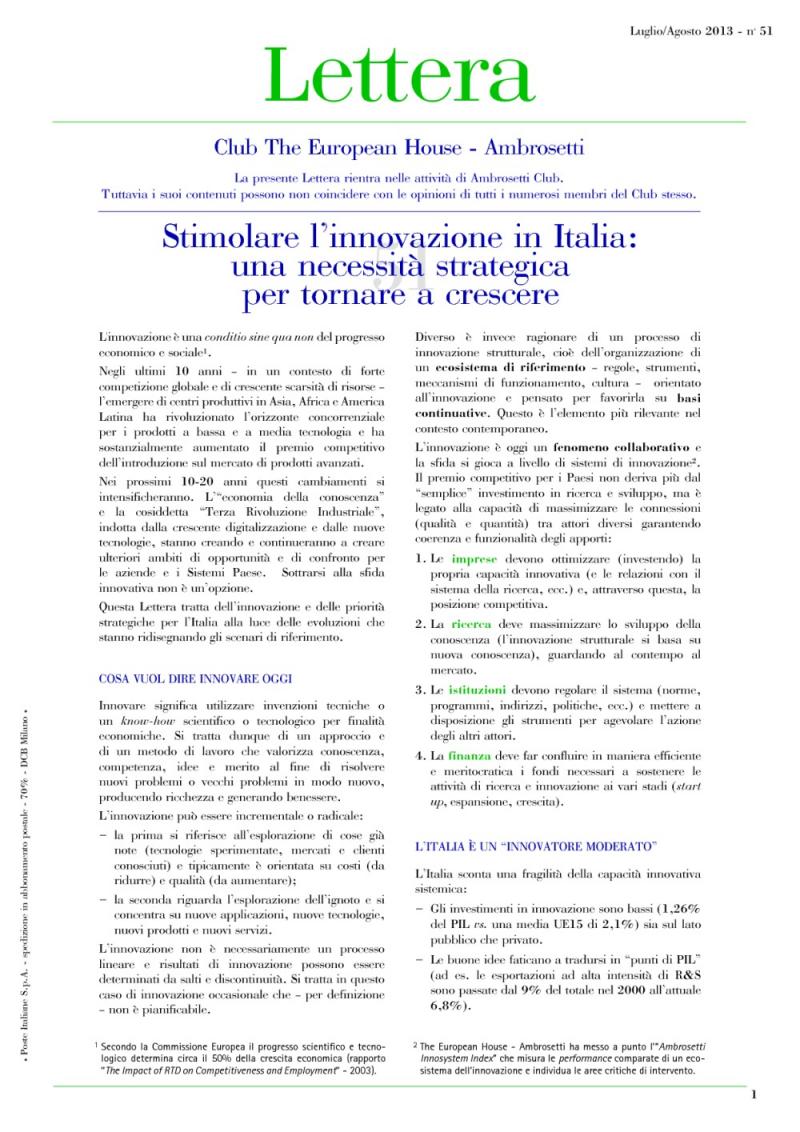 Lettera Club n. 51 – Stimulating innovation in Italy: a strategic necessity for a return to growth