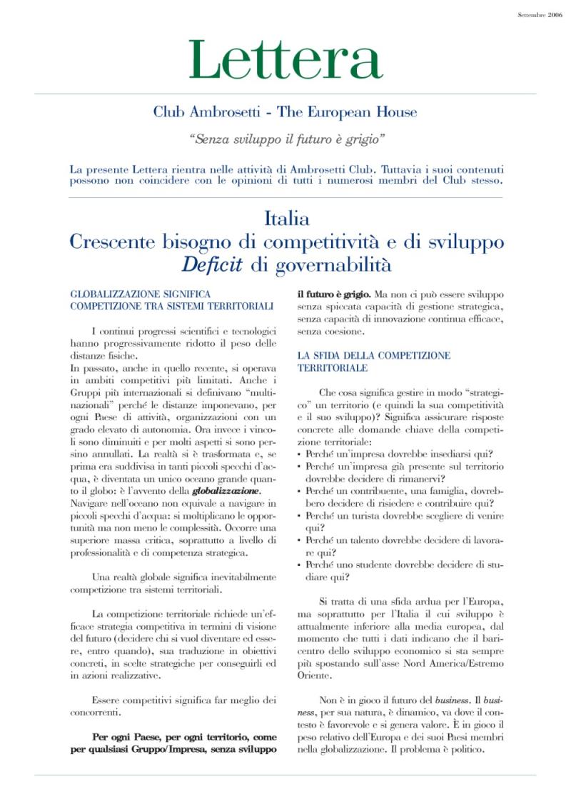 Lettera Club n. 1 - Italia- Crescente bisogno di competitività e di sviluppo - Deficit di governabilità