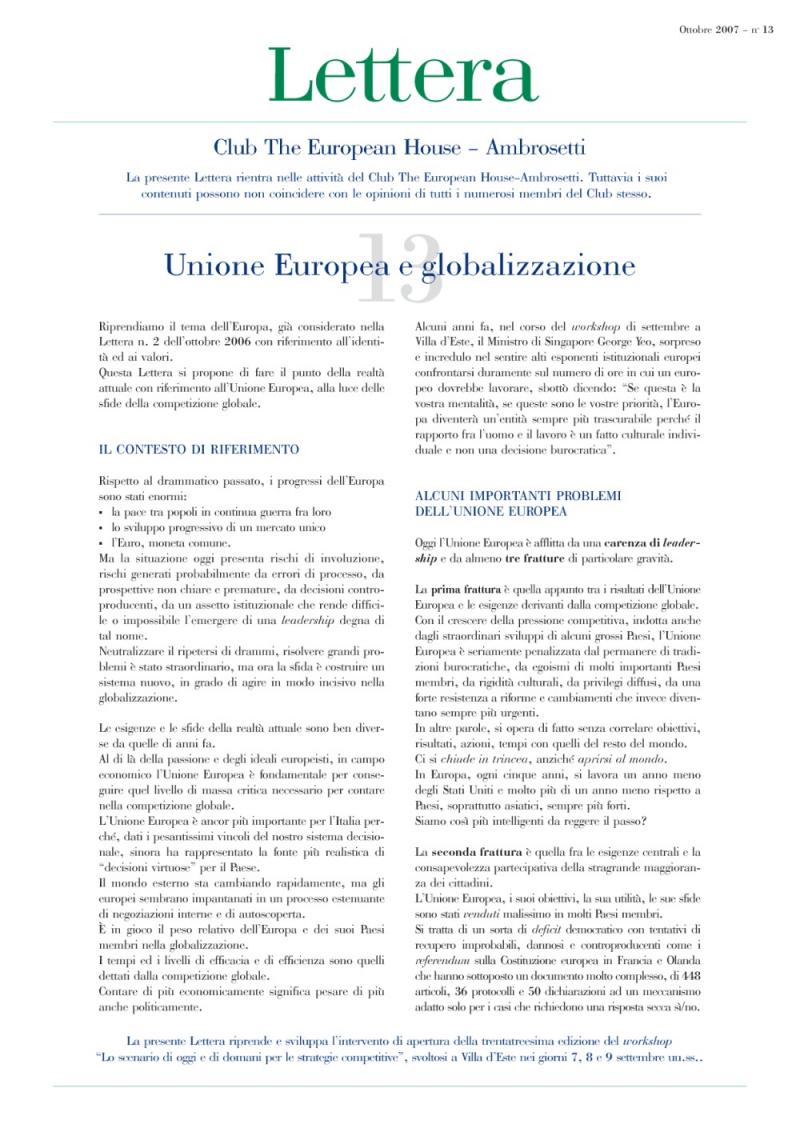 Lettera Club n. 13 - Unione Europea e globalizzazione