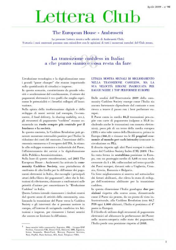 Lettera Club n. 98 - Cashless transition in Italy: where we stand and what remains to be done for Italy