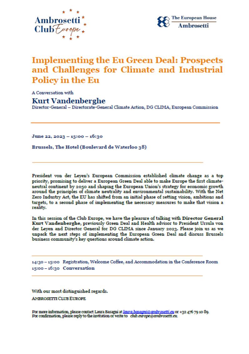 Implementing the EU Green Deal: prospects and Challenges for Climate and Industrial Policy in the EU. A Conversation with Kurt Vandenberghe