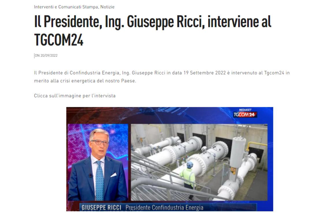 Il Presidente, Ing. Giuseppe Ricci, interviene al TGCOM24