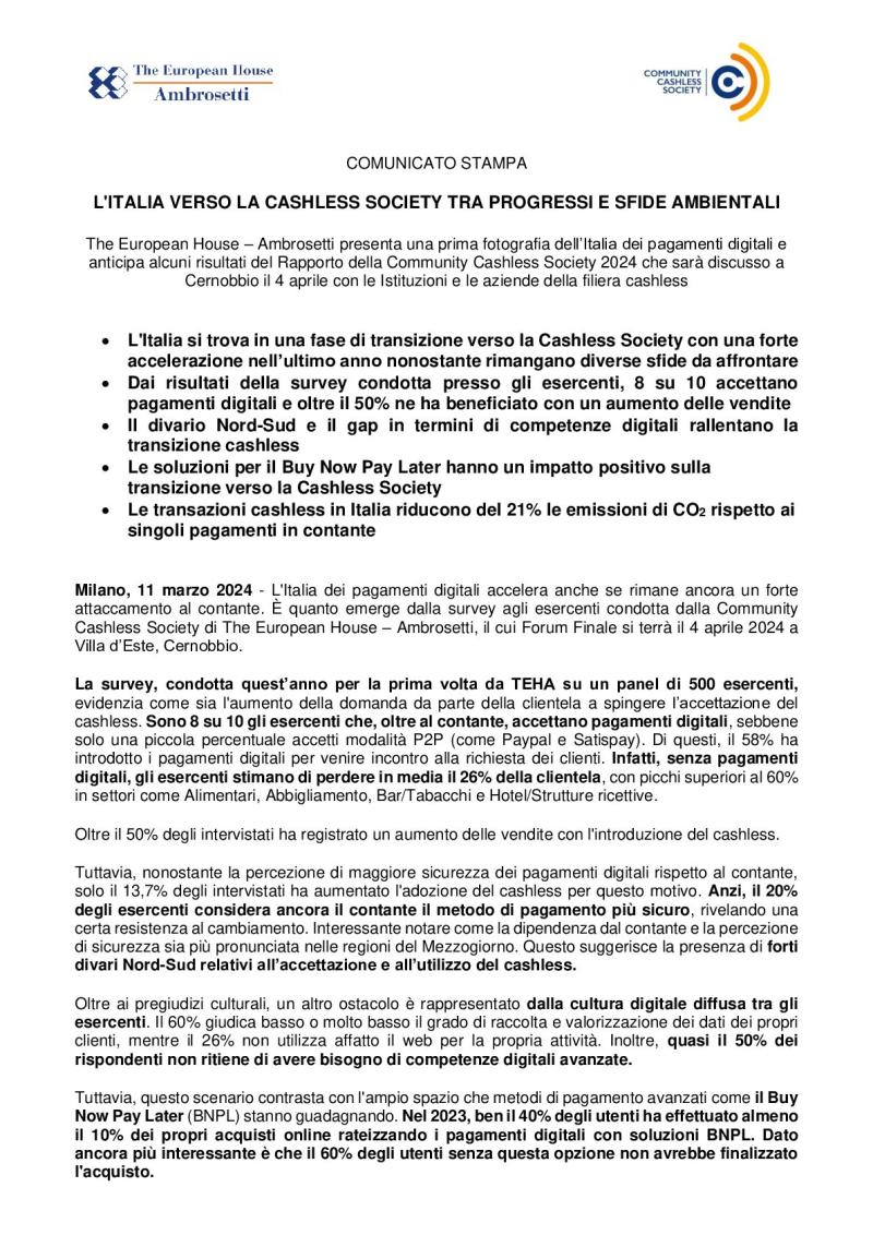 Press release - Italy towards a Cashless Society, progress and environmental challenges
