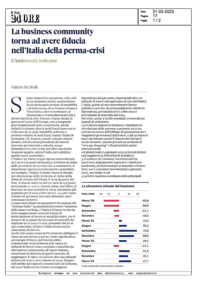 Ambrosetti Club Economic Indicator - Aprile 2023 - La business community torna ad avere fiducia nell'Italia della perma-crisi