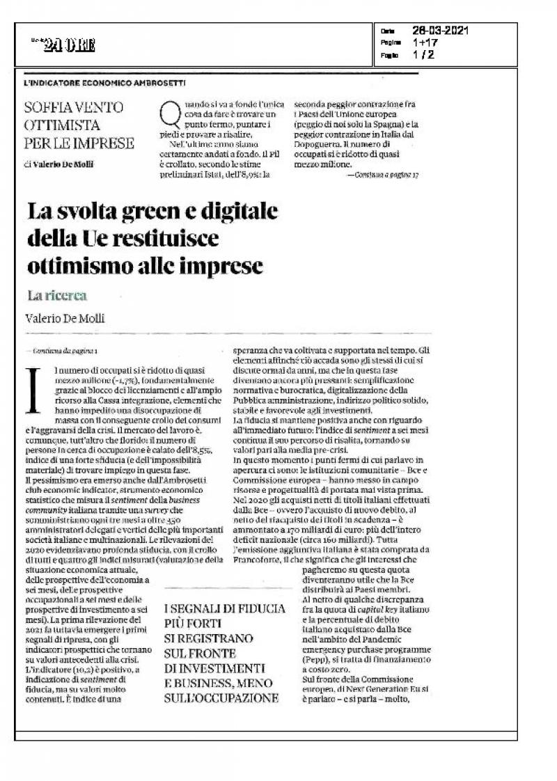Ambrosetti Club Economic Indicator - Marzo 2021 - La svolta green e digitale della UE restituisce ottimismo alle imprese