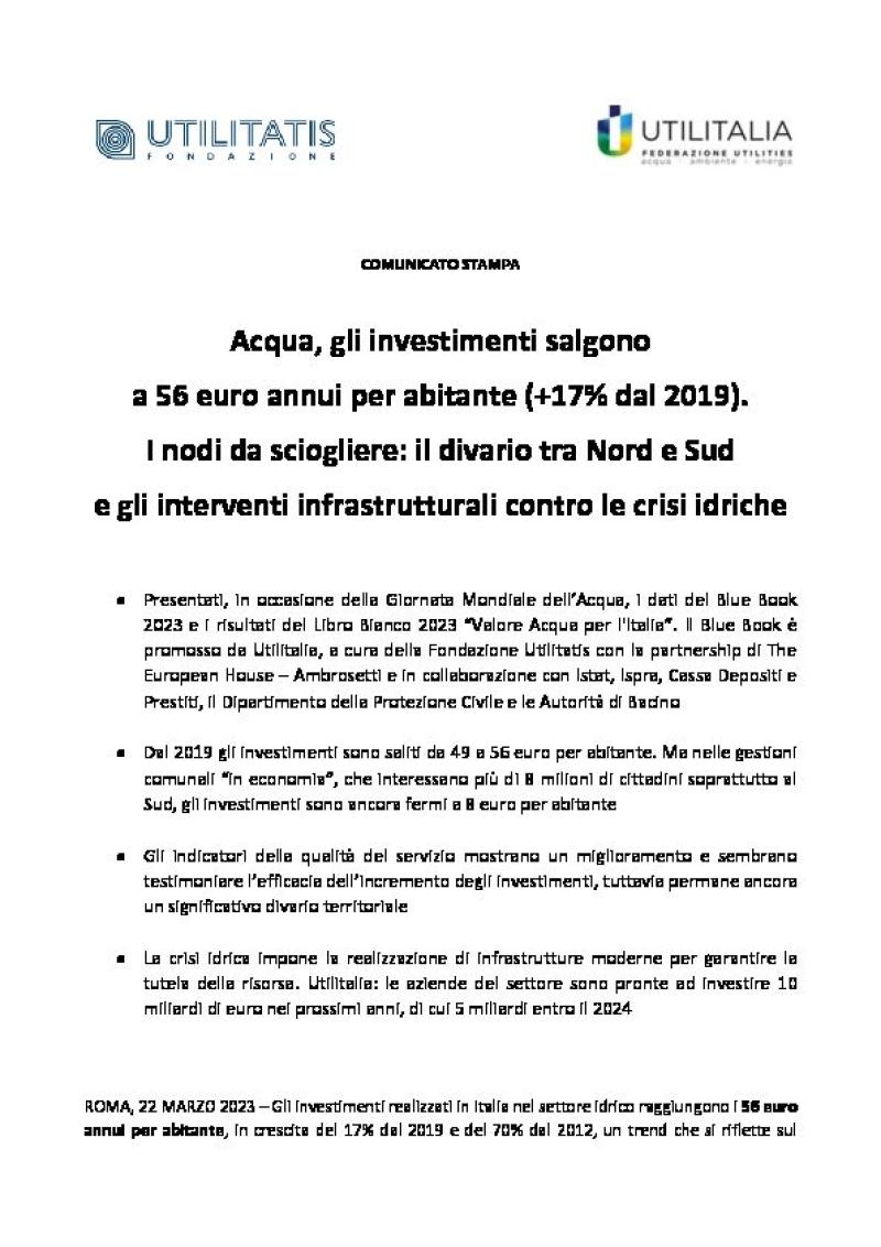 Press release - Water, investments grow up to €56 per year pro capita (+17% since 2019)