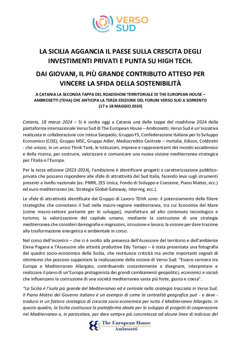 Comunicato stampa - La Sicilia aggancia il Paese sulla crescita degli investimenti privati e punta su high tech
