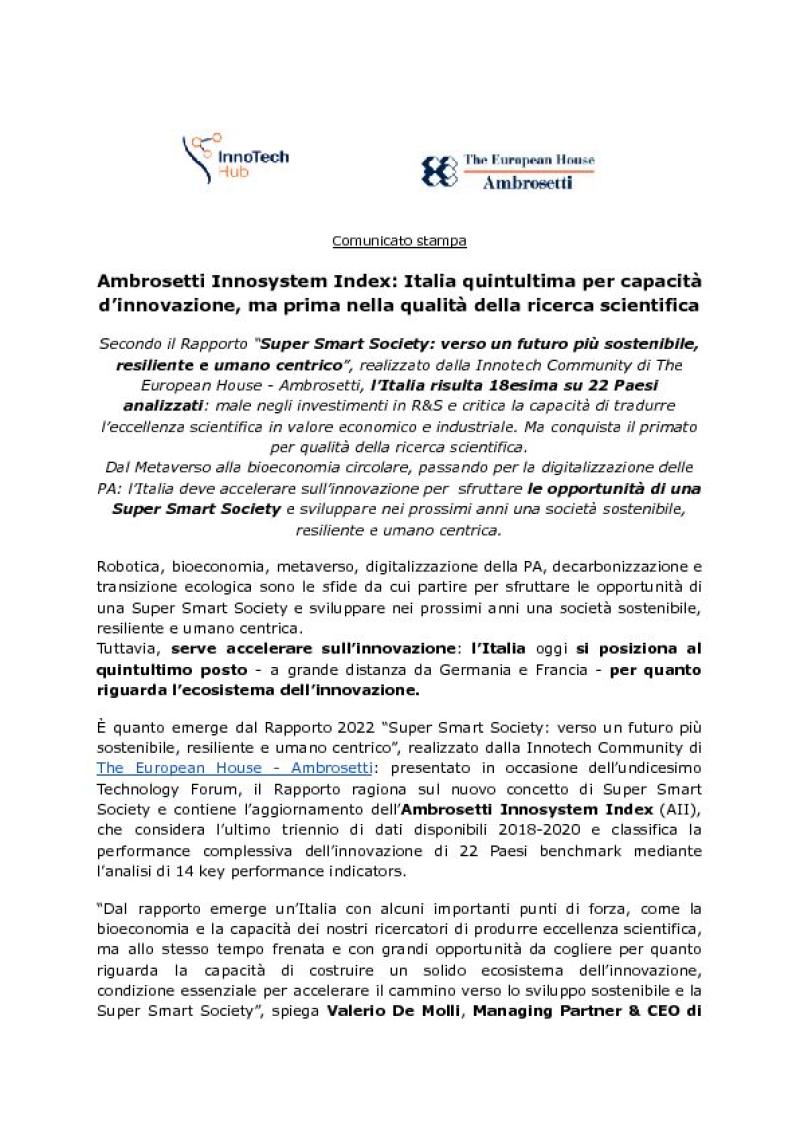 Comunicato - Ambrosetti Innosystem Index: Italia quintultima per capacità d’innovazione, ma prima nella qualità della ricerca scientifica