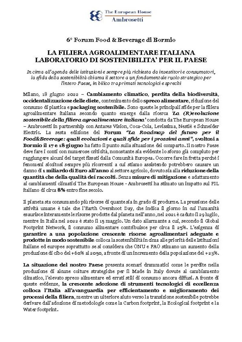 Comunicato stampa - La filiera agroalimentare italiana, laboratorio di sostenibilità per il Paese