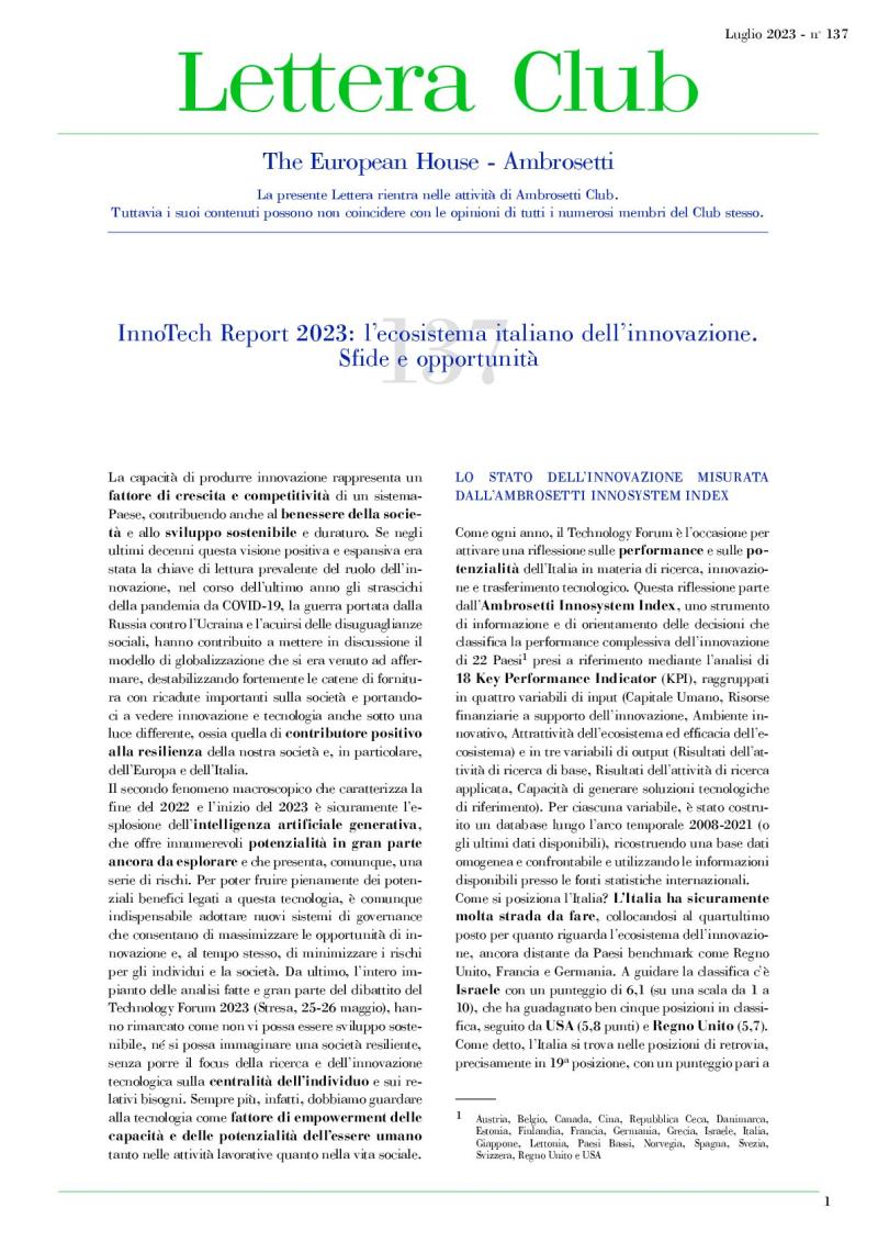 Lettera Club n. 137 - InnoTech Report 2023: the Italian innovation ecosystem. Challenges and opportunities