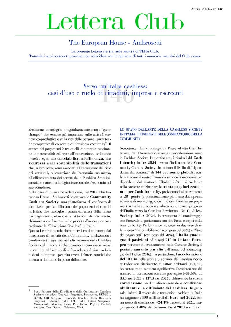 Lettera Club n. 146 - Verso un’Italia cashless: casi d’uso e ruolo di cittadini, imprese e esercenti