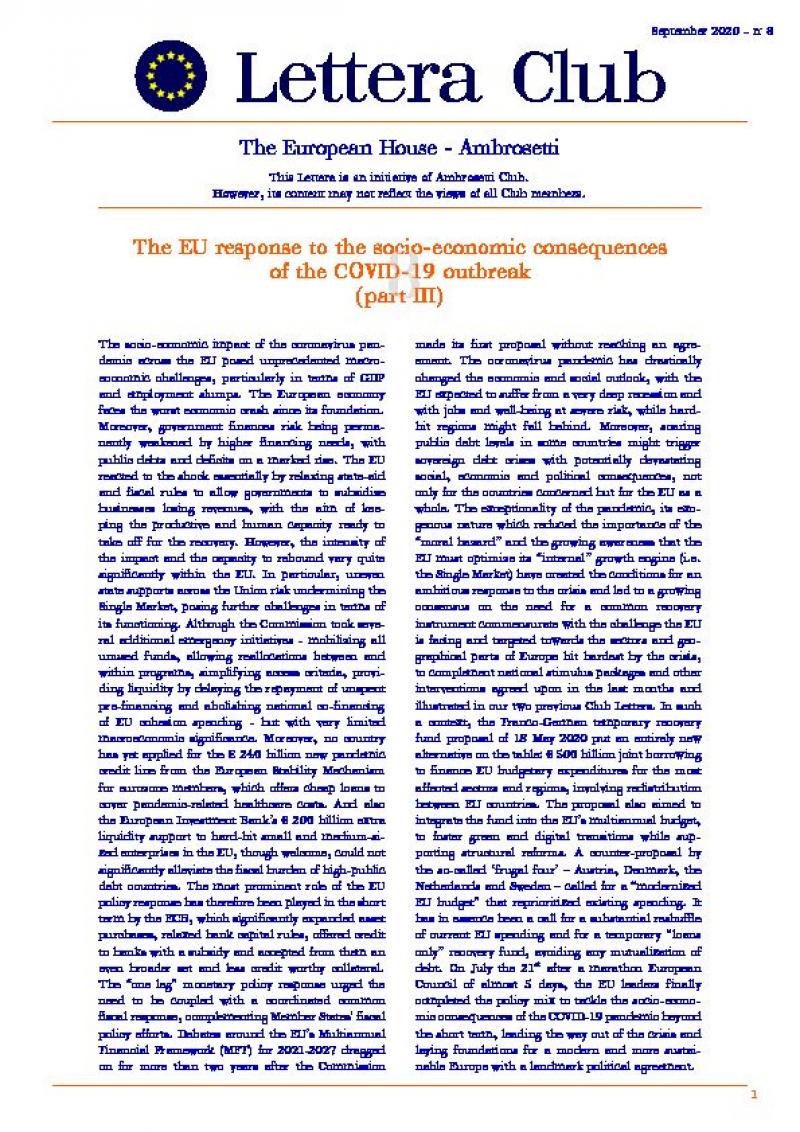 Lettera Club Europe n. 8 - The EU response to the socio-economic consequences  of the COVID-19 outbreak  (part III)