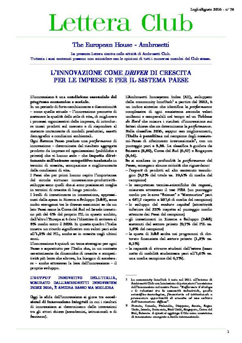 Lettera Club n. 76 - Innovation as a strategic driver for the growth of Italy and its businesses