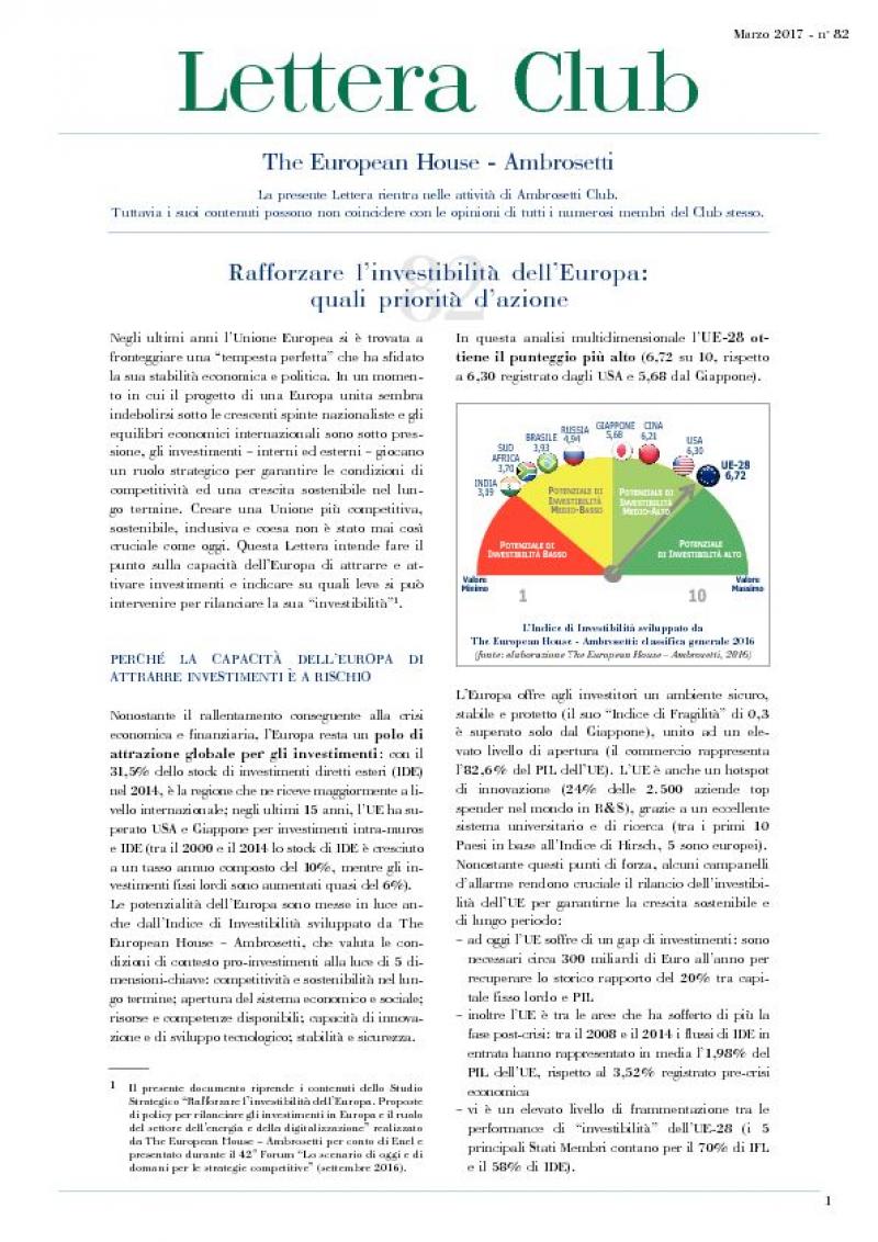 Lettera Club n. 82 - Reinforce Europe's investability: the priorities for action