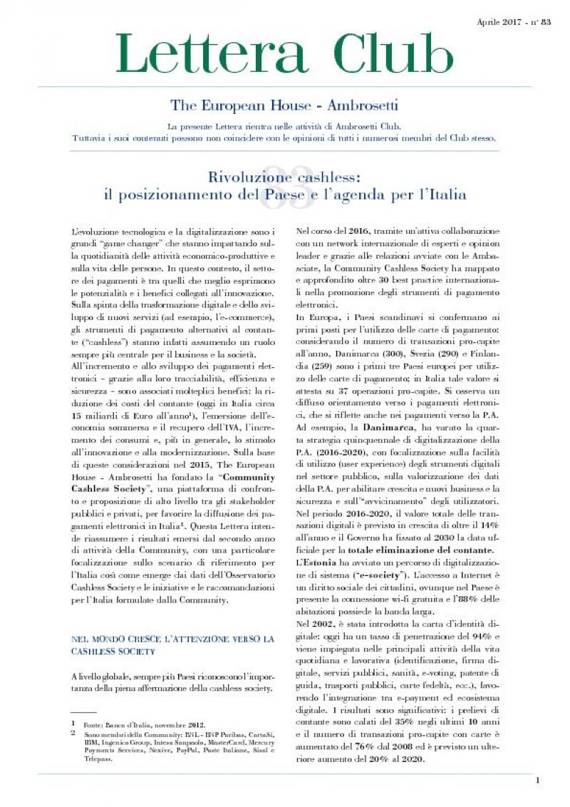 Lettera Club n. 83 - Cashless revolution: the positioning of the country and the agenda for Italy