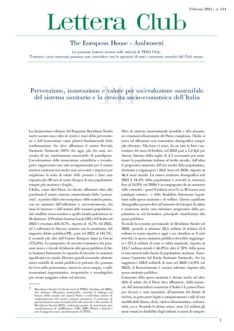 Lettera Club n. 144 - Prevenzione, innovazione e valore per un’evoluzione sostenibile del sistema sanitario e la crescita socio-economica dell’Italia