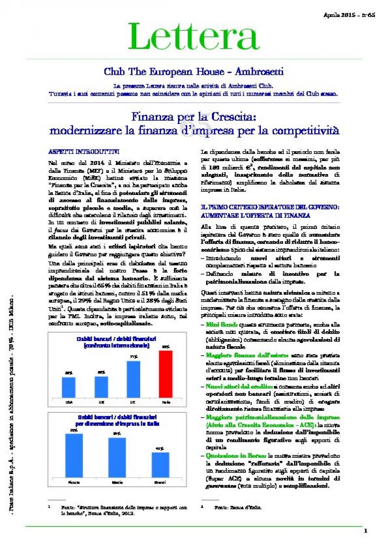 Lettera Club n. 65 - Finance for Growth: modernizing corporate finance for competitiveness