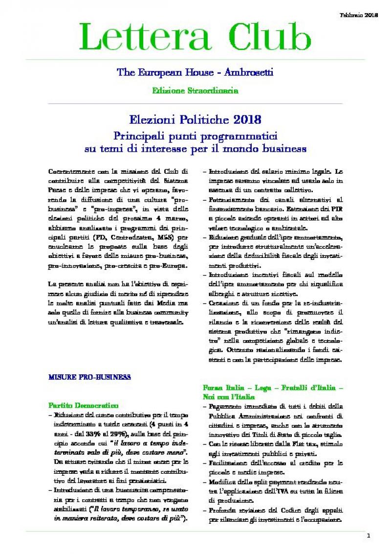Special edition Lettera Club - 2018 General Election. Main policy issues of interest to the business world