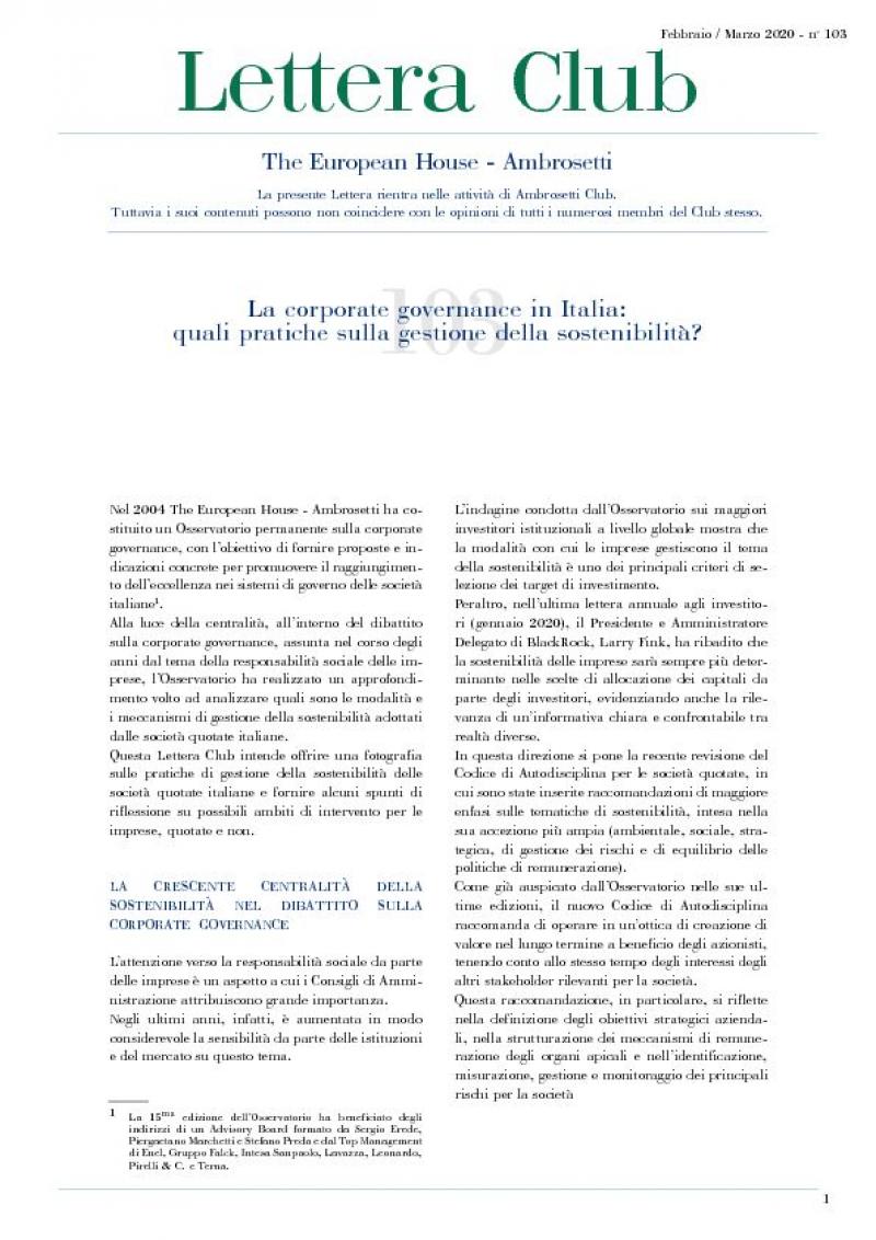 Lettera Club n. 103 - La Corporate Governance in Italia: quali pratiche sulla gestione della sostenibilità?