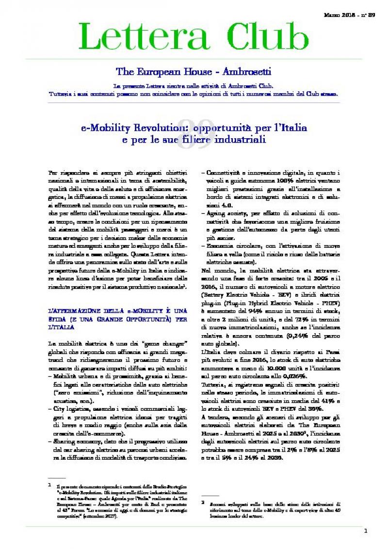 Lettera Club n. 89 - The E-Mobility Revolution: opportunities for Italy and its industrial supply chains