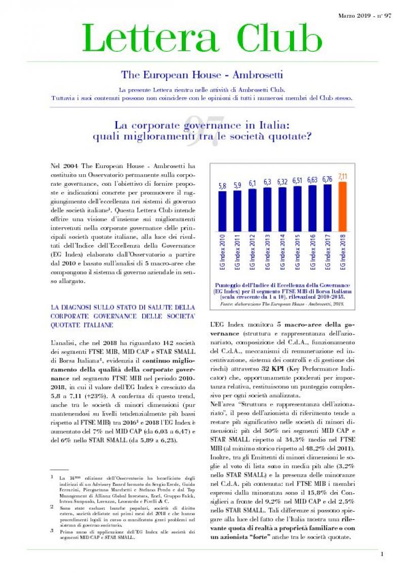 Lettera Club n. 97 - Corporate Governance in Italia: quali miglioramenti sono stati presentati nelle società quotate?