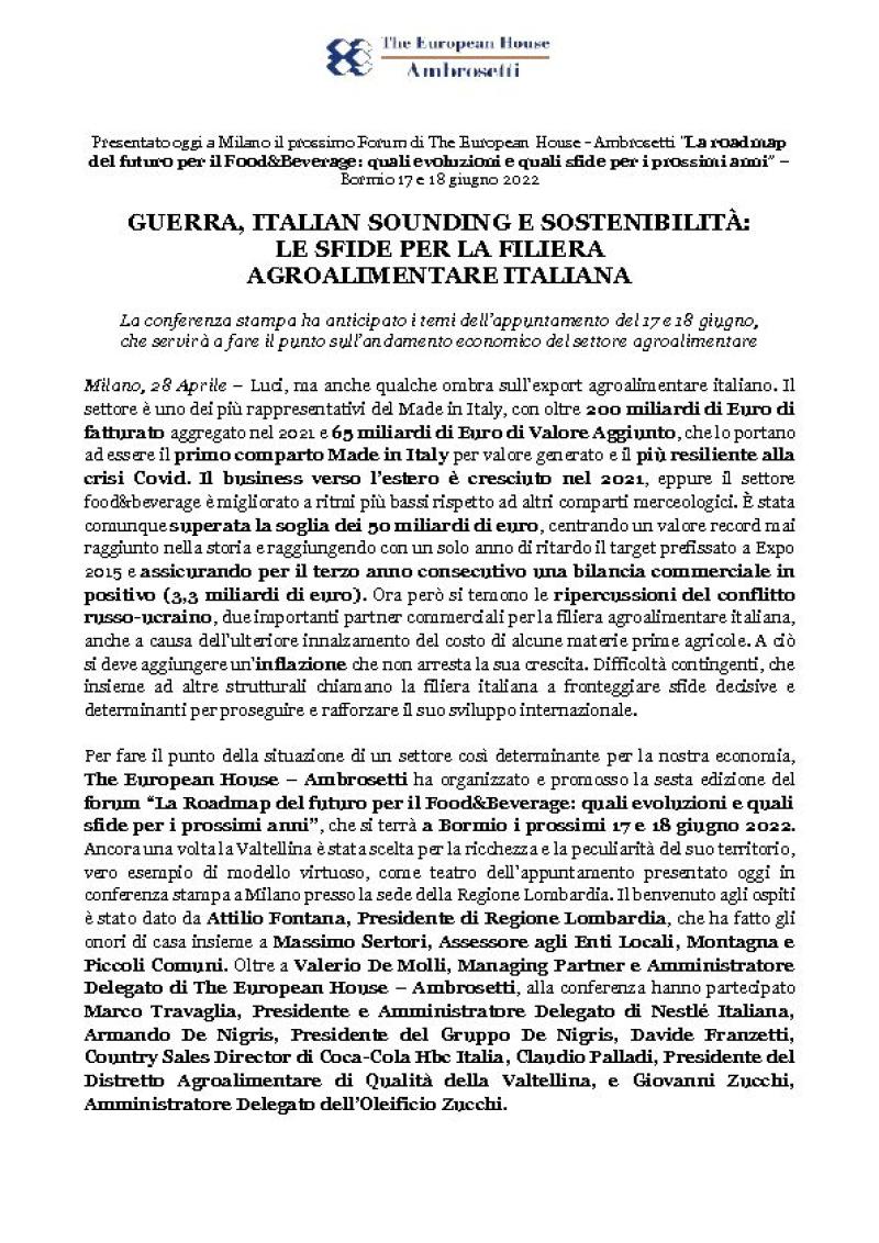 Comunicato - Guerra, Italian Sounding e sostenibilità: le sfide per la filiera agroalimentare italiana