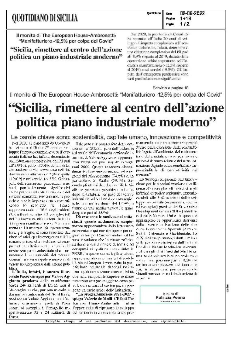 Sicilia, rimettere al centro dell'azione politica un piano industriale moderno