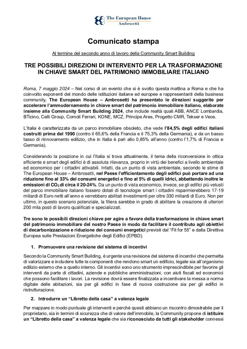 Press release - Three areas of intervention for the smart transformation of the Italian real estate