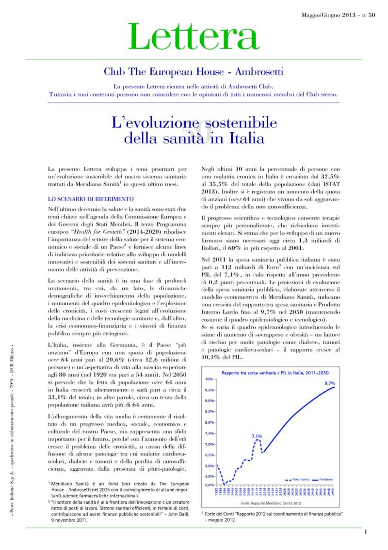 Lettera Club n. 50 – Sustainable evolution of public healthcare in Italy