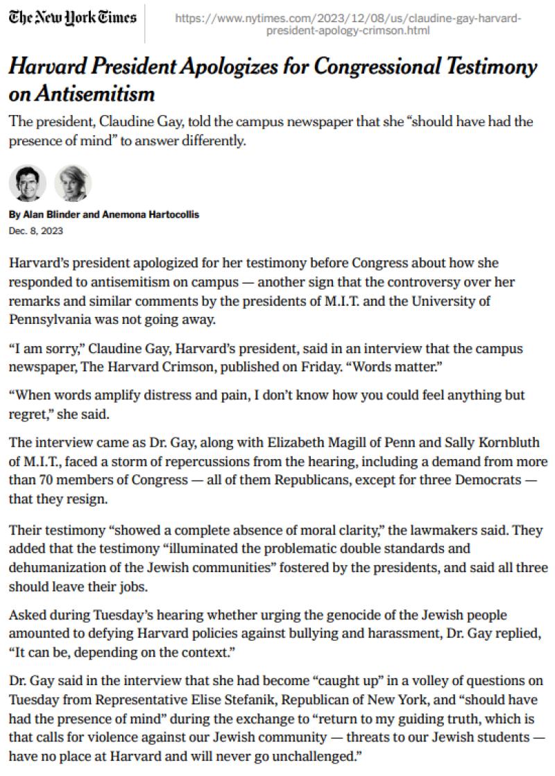 Harvard President Apologizes for Congressional Testimony on Antisemitism