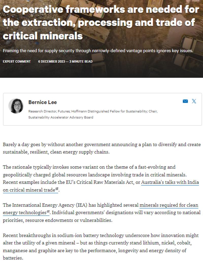 Cooperative frameworks are needed for the extraction, processing and trade of critical minerals